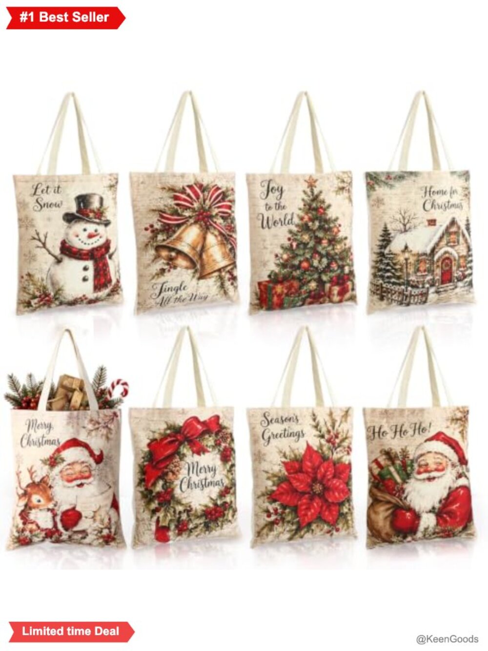 8 Pc Canvas Tote Bags Christmas Gift Bags Reusable
